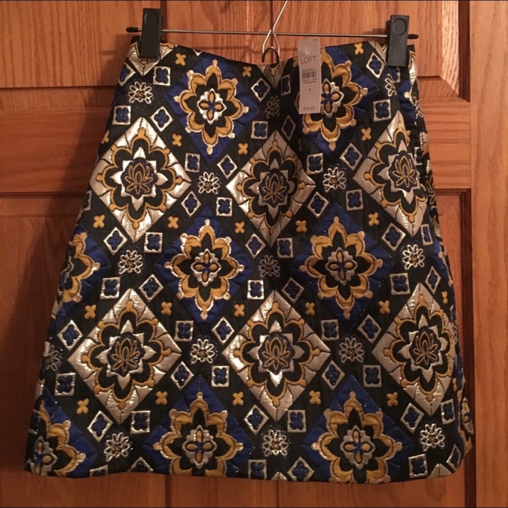 LOFT Metallic Gold, Blue & Black Brocade Mini Skirt